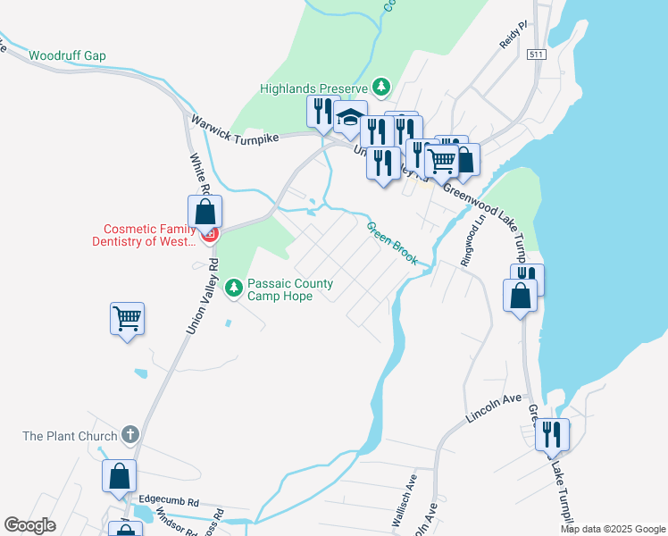 map of restaurants, bars, coffee shops, grocery stores, and more near 33 Greenbrook Drive in West Milford