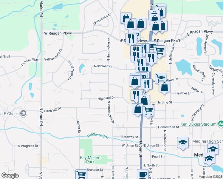map of restaurants, bars, coffee shops, grocery stores, and more near 255 Longview Road in Medina