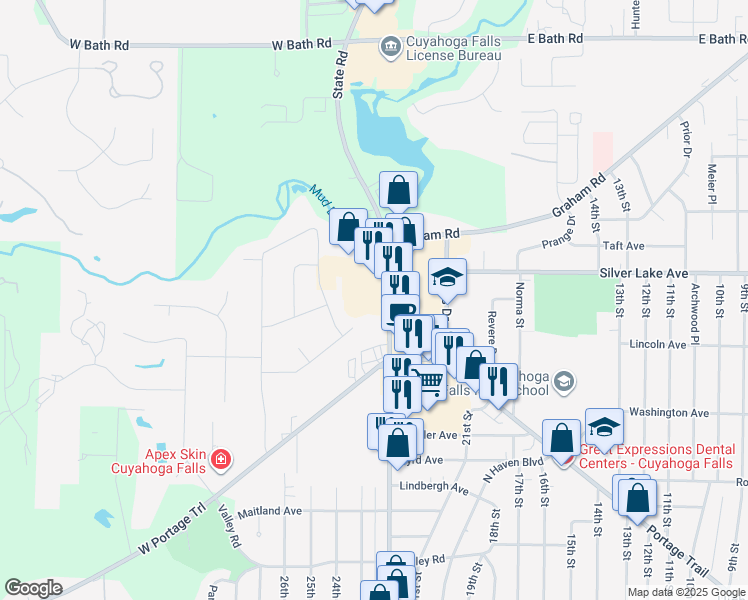 map of restaurants, bars, coffee shops, grocery stores, and more near 2878 State Road in Cuyahoga Falls