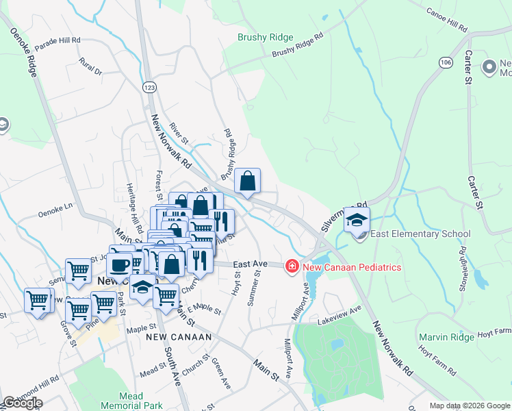 map of restaurants, bars, coffee shops, grocery stores, and more near 16 Urban Street in New Canaan