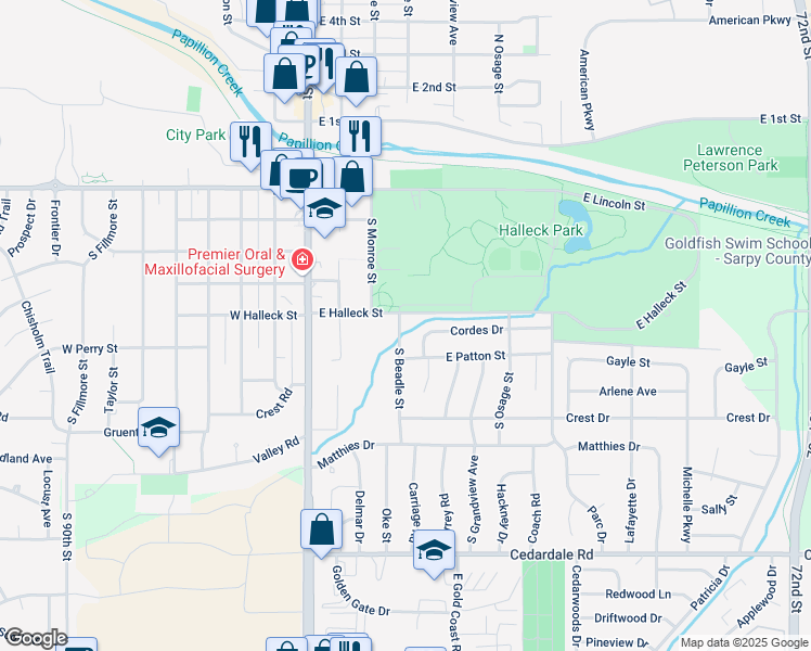 map of restaurants, bars, coffee shops, grocery stores, and more near 701 South Beadle Street in Papillion
