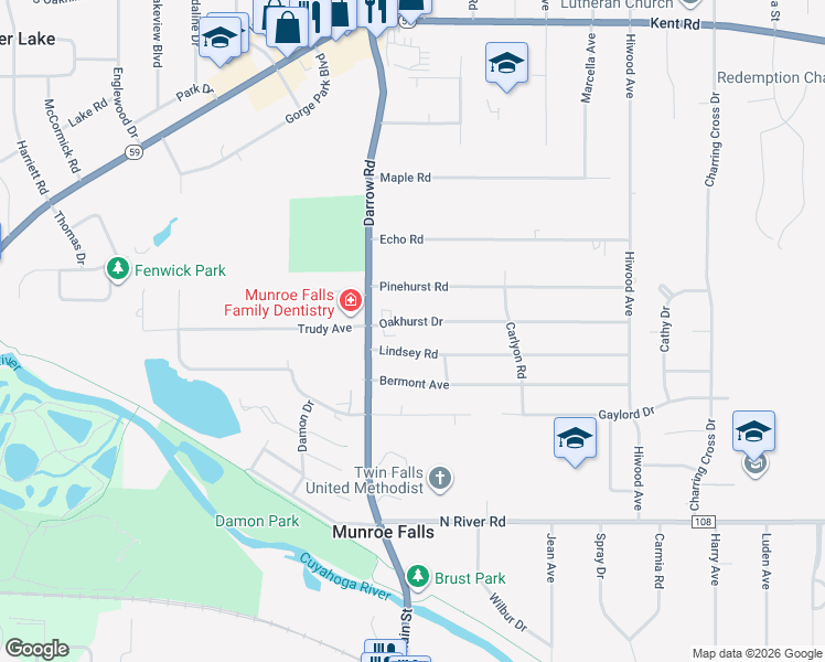 map of restaurants, bars, coffee shops, grocery stores, and more near 72 Oakhurst Drive in Munroe Falls