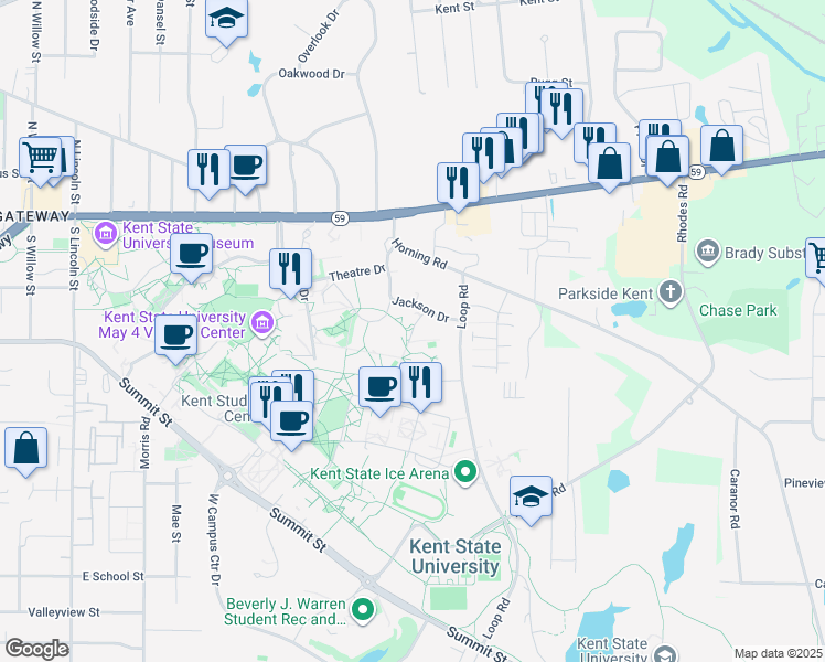 map of restaurants, bars, coffee shops, grocery stores, and more near Cunningham Drive in Kent