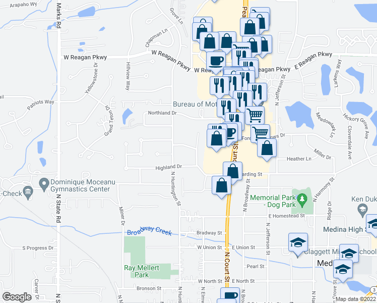 map of restaurants, bars, coffee shops, grocery stores, and more near 220 Longview Road in Medina