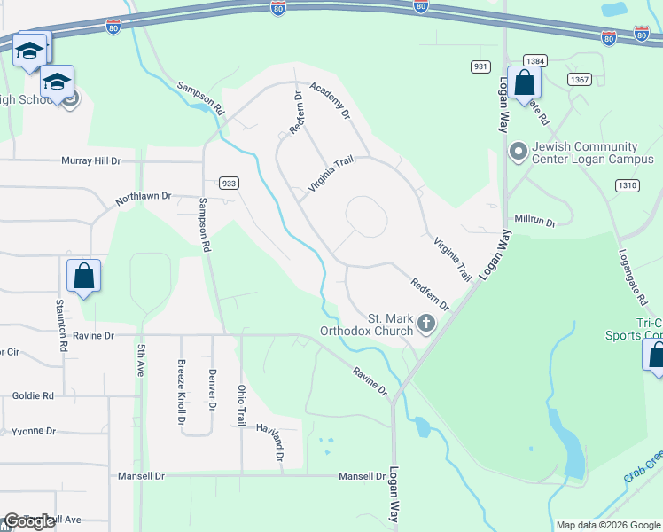 map of restaurants, bars, coffee shops, grocery stores, and more near 42 Redfern Drive in Youngstown