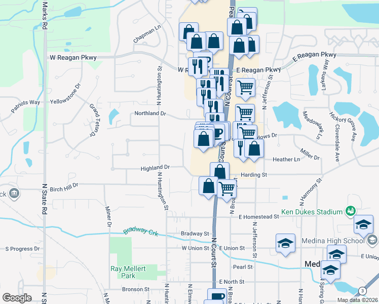 map of restaurants, bars, coffee shops, grocery stores, and more near 860 Walter Road in Medina