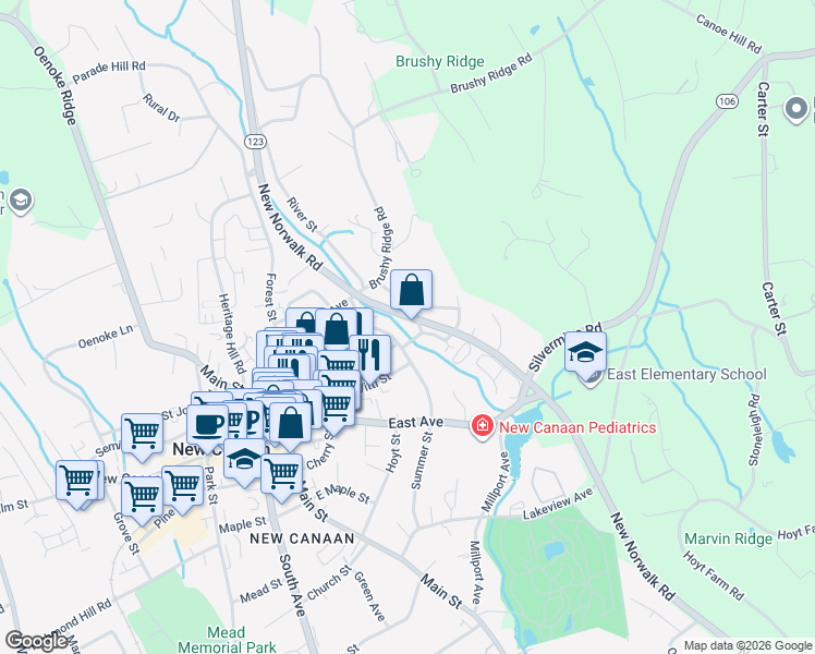 map of restaurants, bars, coffee shops, grocery stores, and more near 30 Hill Street in New Canaan