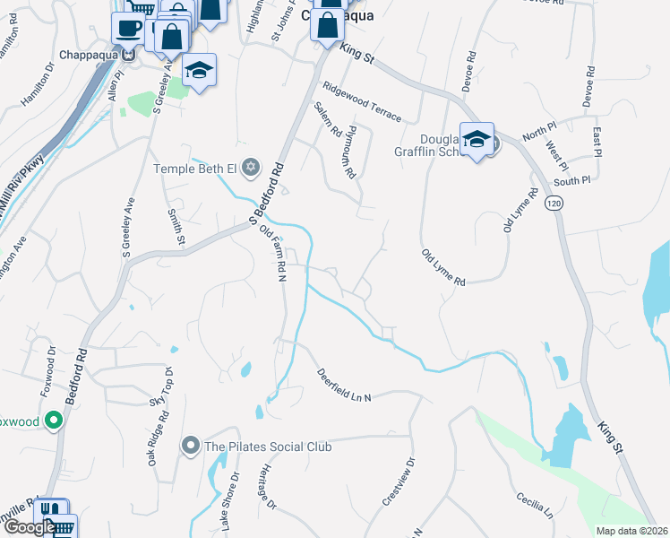map of restaurants, bars, coffee shops, grocery stores, and more near 123 Stone Bridge Square in Chappaqua
