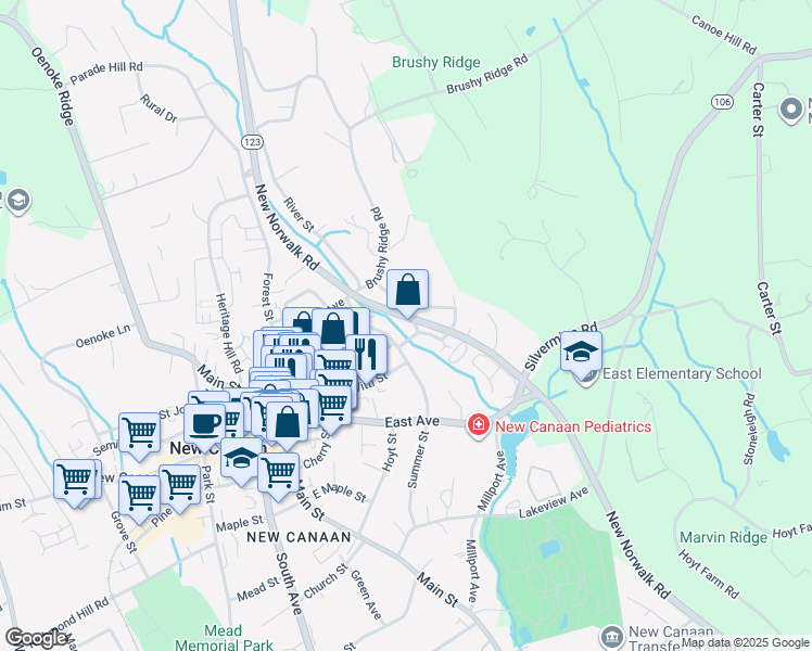map of restaurants, bars, coffee shops, grocery stores, and more near 30 Hill Street in New Canaan