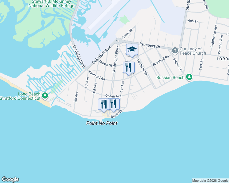 map of restaurants, bars, coffee shops, grocery stores, and more near 224 Washington Parkway in Stratford