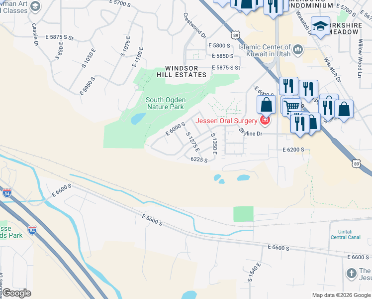 map of restaurants, bars, coffee shops, grocery stores, and more near 1250 East 6125 South in South Ogden