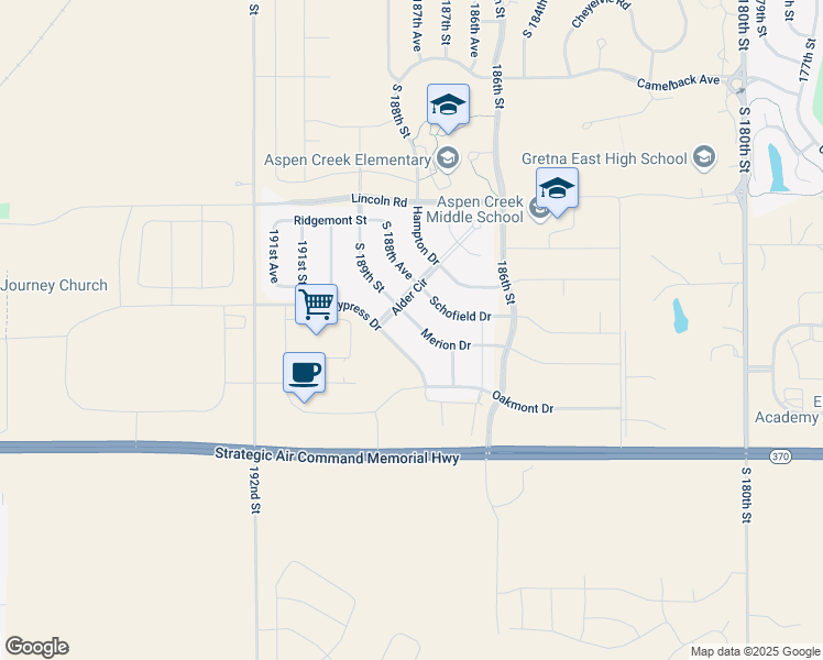 map of restaurants, bars, coffee shops, grocery stores, and more near 18907 Alder Drive in Omaha