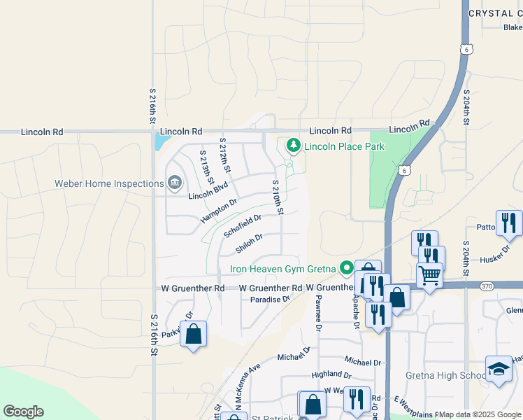 map of restaurants, bars, coffee shops, grocery stores, and more near 21101 Hampton Drive in Gretna