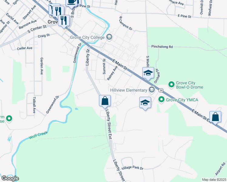 map of restaurants, bars, coffee shops, grocery stores, and more near 615 Flower Street in Grove City