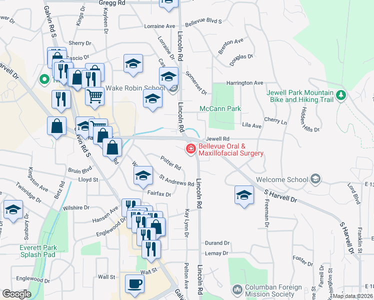 map of restaurants, bars, coffee shops, grocery stores, and more near 1431 Cornhusker Road in Bellevue