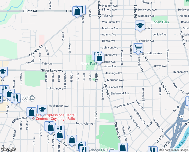 map of restaurants, bars, coffee shops, grocery stores, and more near 2888 6th Street in Cuyahoga Falls