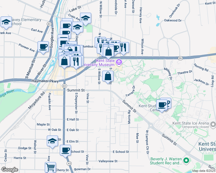 map of restaurants, bars, coffee shops, grocery stores, and more near 350 South Lincoln Street in Kent