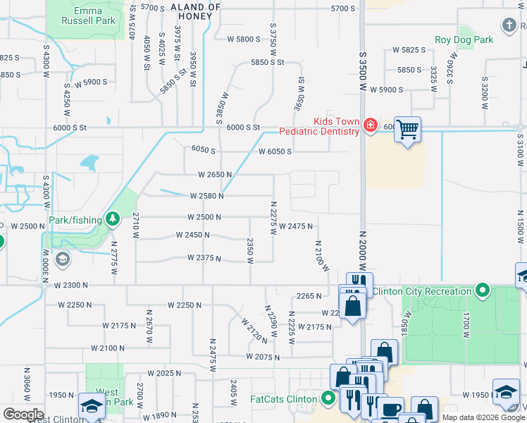 map of restaurants, bars, coffee shops, grocery stores, and more near 2343 West 2580 North in Clinton