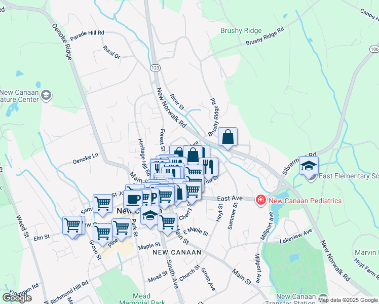 map of restaurants, bars, coffee shops, grocery stores, and more near 102 Locust Avenue in New Canaan