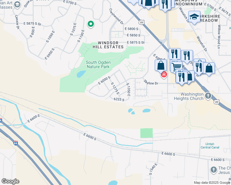 map of restaurants, bars, coffee shops, grocery stores, and more near 6139 South 1275 East in South Ogden