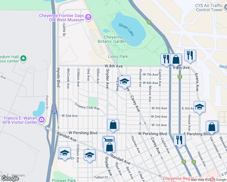 map of restaurants, bars, coffee shops, grocery stores, and more near 812 Frontier Park Avenue in Cheyenne