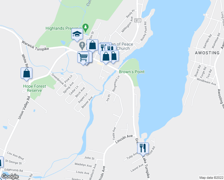 map of restaurants, bars, coffee shops, grocery stores, and more near 13 Ringwood Lane in West Milford