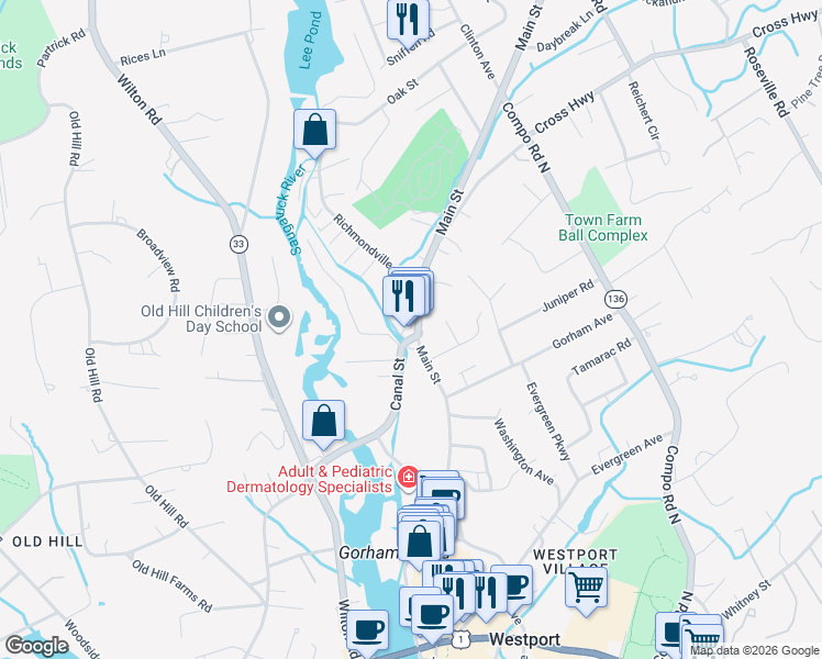 map of restaurants, bars, coffee shops, grocery stores, and more near 341 Main Street in Westport