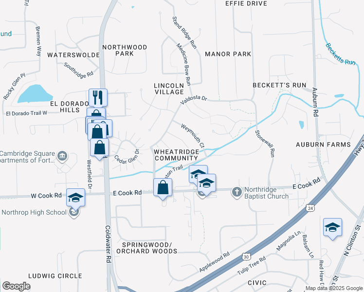 map of restaurants, bars, coffee shops, grocery stores, and more near 7720 Tendall Court in Fort Wayne