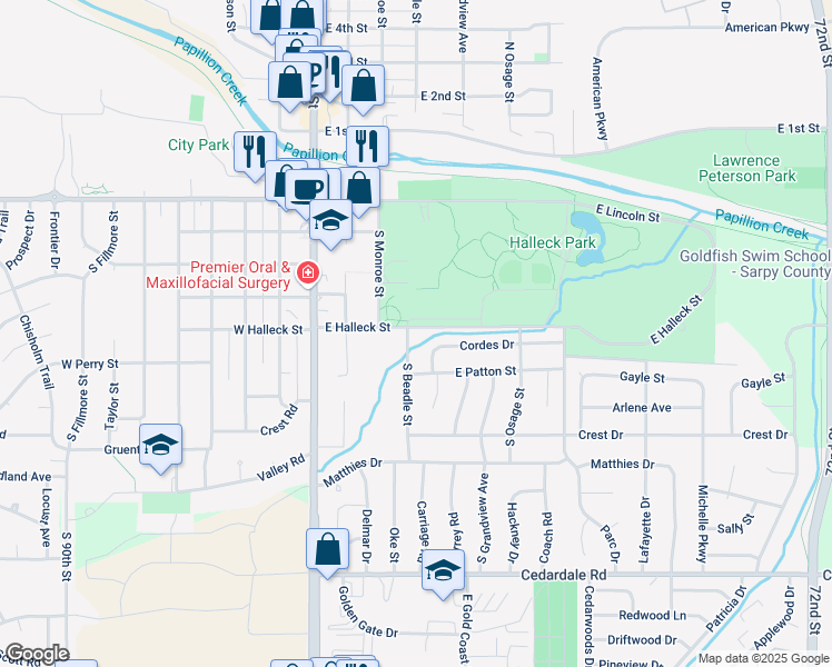 map of restaurants, bars, coffee shops, grocery stores, and more near 701 South Beadle Street in Papillion
