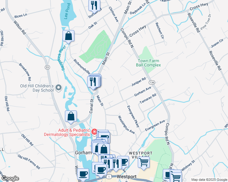 map of restaurants, bars, coffee shops, grocery stores, and more near 18 Wild Rose Road in Westport