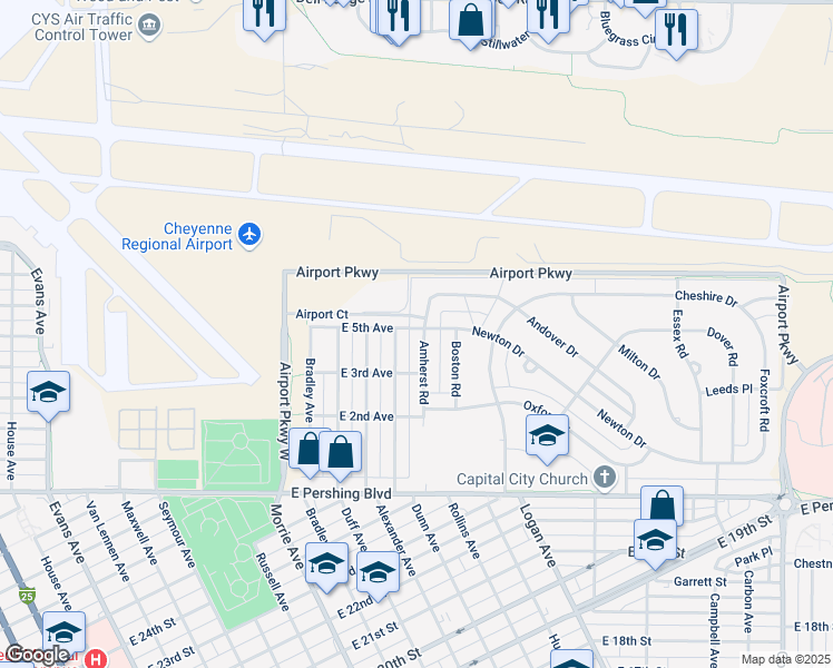 map of restaurants, bars, coffee shops, grocery stores, and more near 1502 Newton Dr in Cheyenne