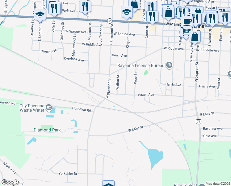 map of restaurants, bars, coffee shops, grocery stores, and more near 625 Diamond Circle in Ravenna