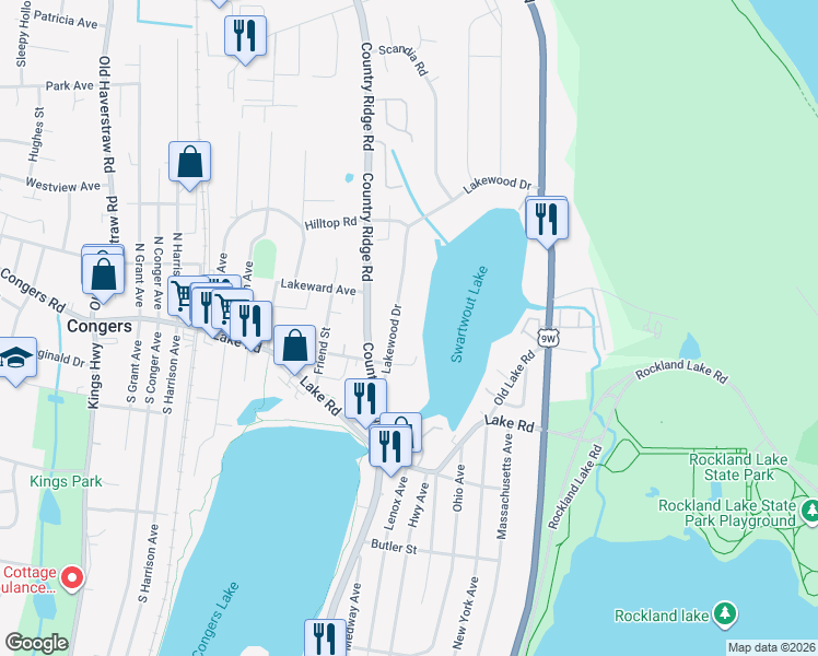 map of restaurants, bars, coffee shops, grocery stores, and more near 68 Lakewood Drive in Congers