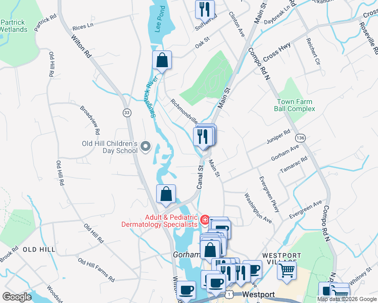 map of restaurants, bars, coffee shops, grocery stores, and more near 353 Main Street in Westport