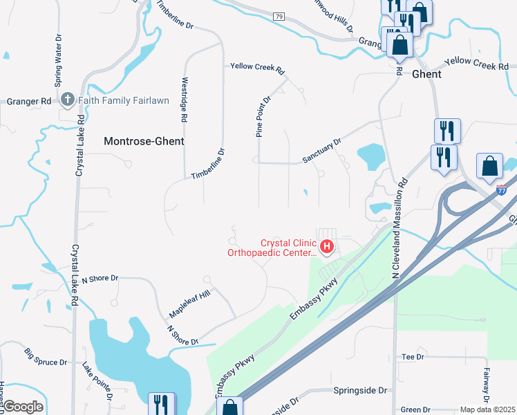 map of restaurants, bars, coffee shops, grocery stores, and more near 526 Pine Point Drive in Akron