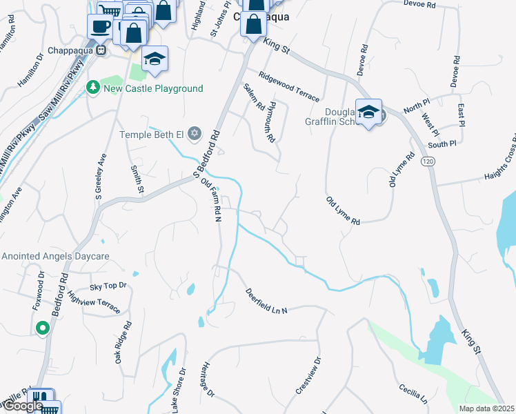 map of restaurants, bars, coffee shops, grocery stores, and more near 123 Stone Bridge Square in Chappaqua