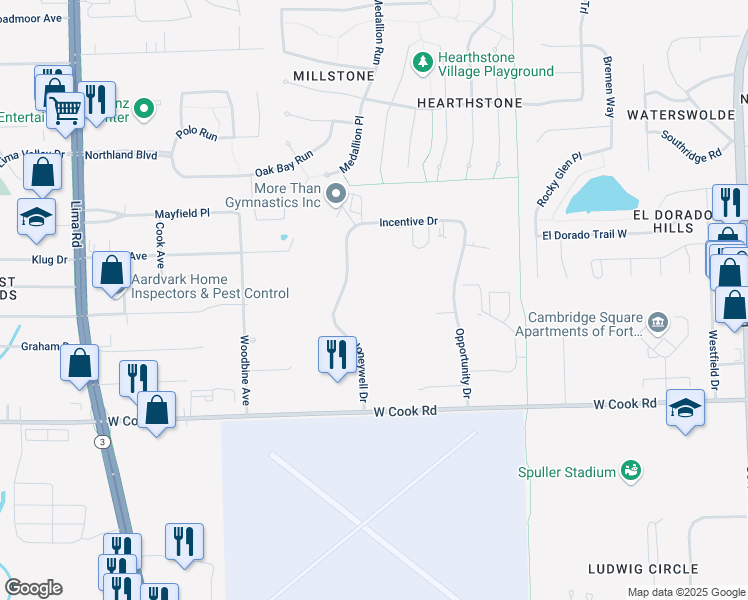 map of restaurants, bars, coffee shops, grocery stores, and more near 7808 Honeywell Drive in Fort Wayne