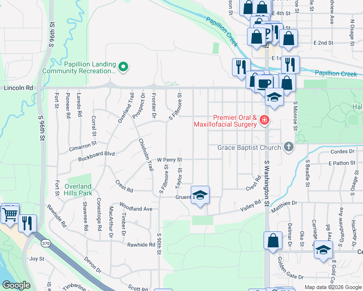 map of restaurants, bars, coffee shops, grocery stores, and more near 701 South Taylor Circle in Papillion