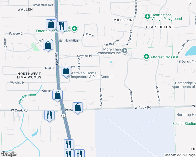 map of restaurants, bars, coffee shops, grocery stores, and more near 7717 Woodbine Avenue in Fort Wayne