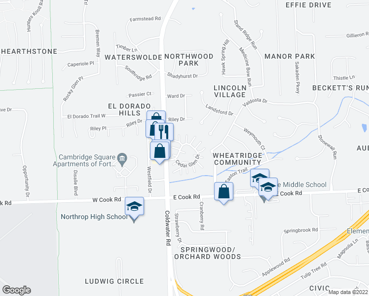 map of restaurants, bars, coffee shops, grocery stores, and more near 512 Ridgemoor Drive in Fort Wayne