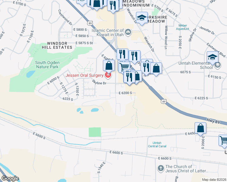 map of restaurants, bars, coffee shops, grocery stores, and more near 6189 South 1550 East in Ogden