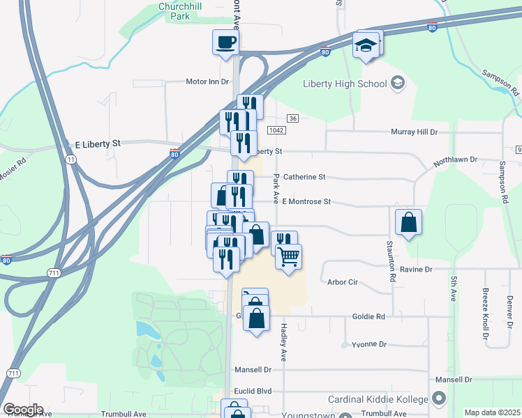 map of restaurants, bars, coffee shops, grocery stores, and more near 119 East Montrose Street in Youngstown