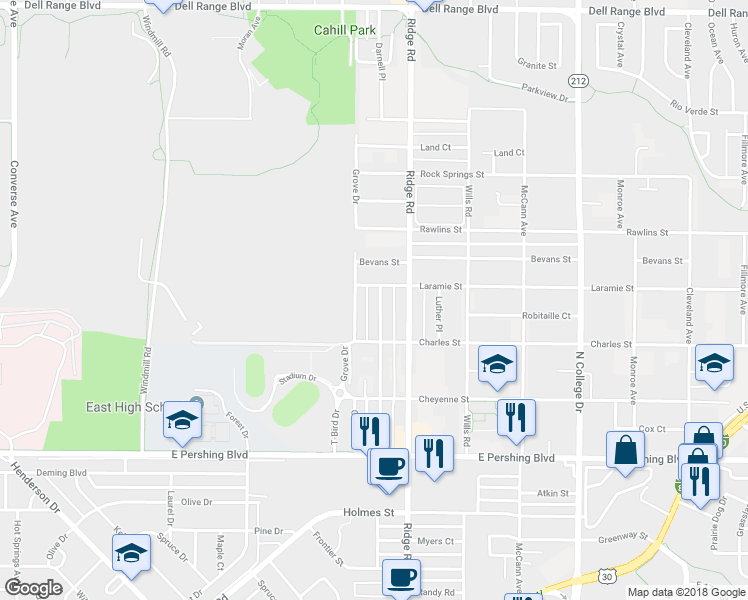 map of restaurants, bars, coffee shops, grocery stores, and more near 3542 Birch Place in Cheyenne