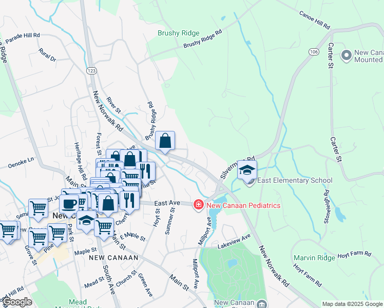 map of restaurants, bars, coffee shops, grocery stores, and more near 46 Urban Street in New Canaan