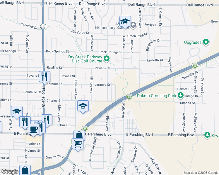 map of restaurants, bars, coffee shops, grocery stores, and more near 3533 Pierce Avenue in Cheyenne
