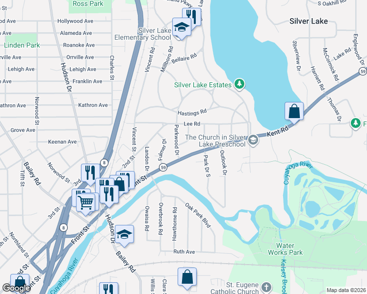 map of restaurants, bars, coffee shops, grocery stores, and more near 2872 Lakewood Drive in Silver Lake