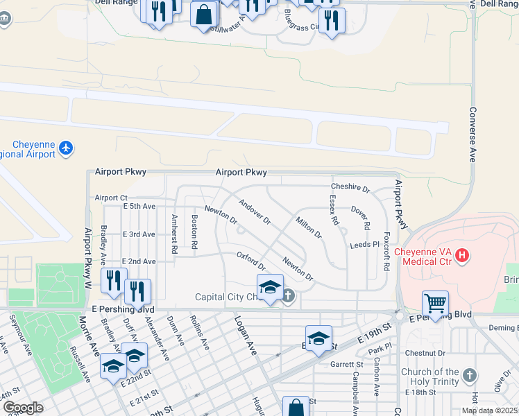 map of restaurants, bars, coffee shops, grocery stores, and more near 1728 Andover Drive in Cheyenne