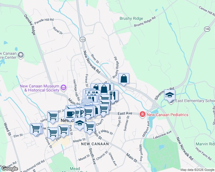 map of restaurants, bars, coffee shops, grocery stores, and more near 13 Summer Street in New Canaan