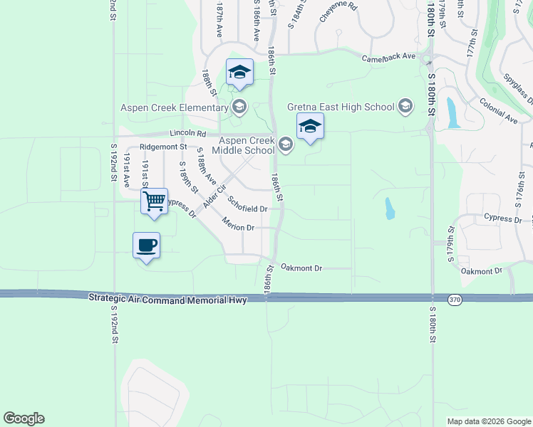map of restaurants, bars, coffee shops, grocery stores, and more near 18650 Sheffield Street in Omaha