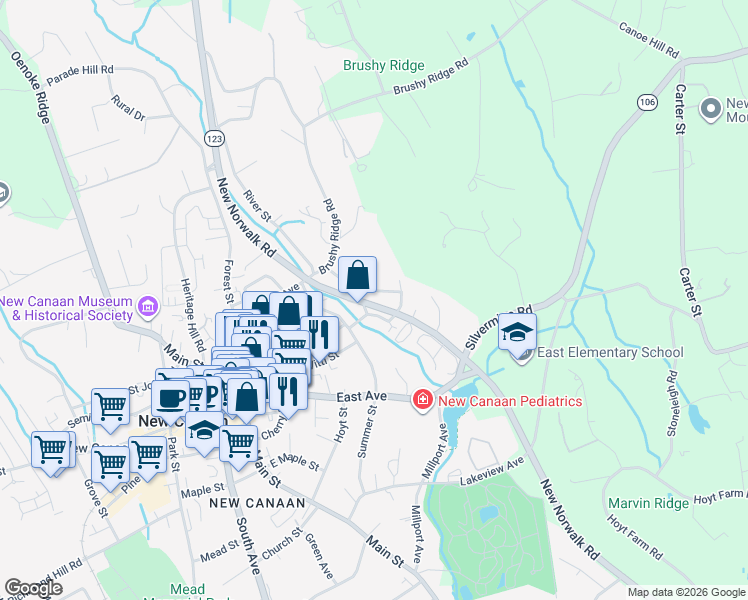 map of restaurants, bars, coffee shops, grocery stores, and more near 16 Urban Street in New Canaan